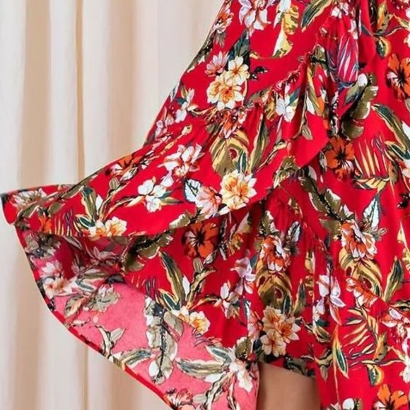 Red Floral Maxi Halter Dress Hi-Lo Open Back Summer Maxi - Ruffle Hem - By Easel - Picture 7 of 9